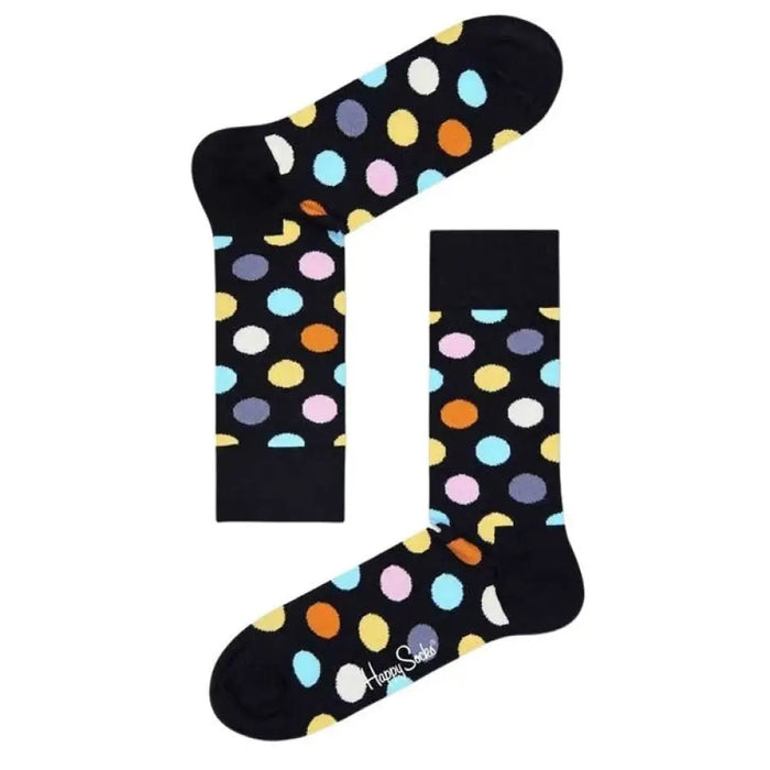 Pair of black Happy Socks with a colorful polka dot pattern for women