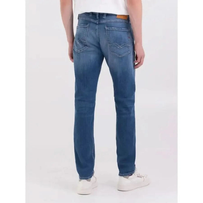 Back view of Replay Men Jeans showcasing a pair of blue denim jeans