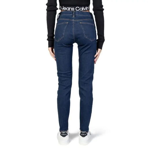 Calvin Klein skinny jeans for women with a dark blue wash and signature waistband