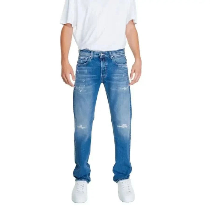 Distressed blue straight-leg jeans from Replay for men, showcasing modern style and comfort