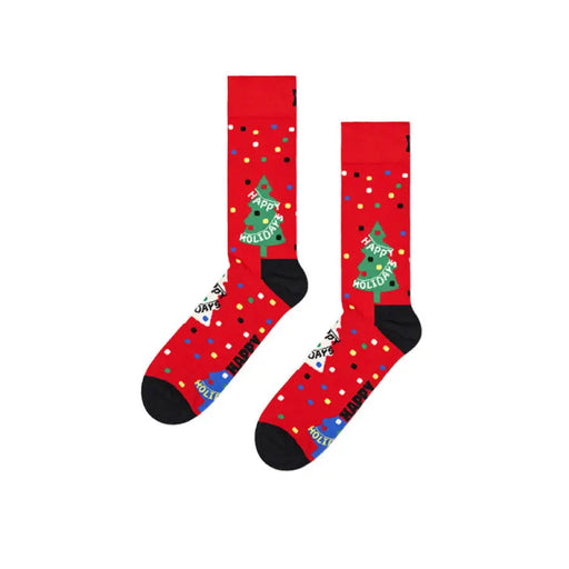 Festive red Christmas socks with tree and snowman designs from Happy Socks Women Underwear