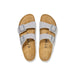 Light gray Birkenstock-style sandals with two buckle straps and cork footbeds