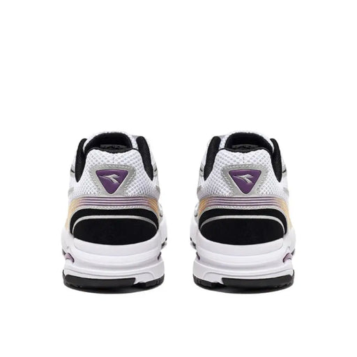 Rear view of Diadora Men Sneakers in white, black, and purple athletic design