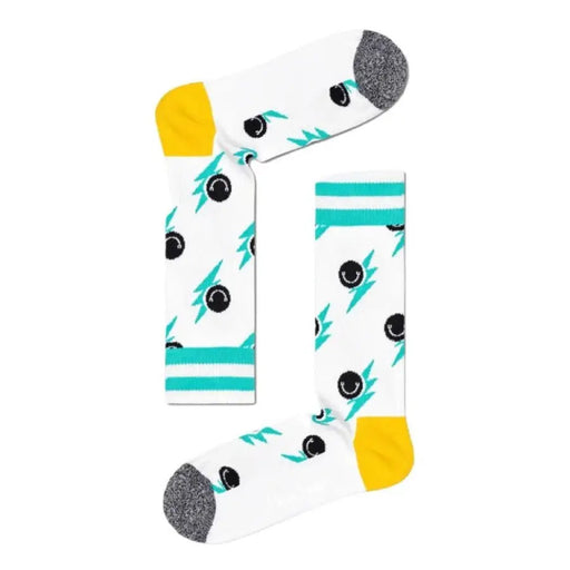 White socks with teal leaf patterns, yellow heels, and gray cuffs from Happy Socks