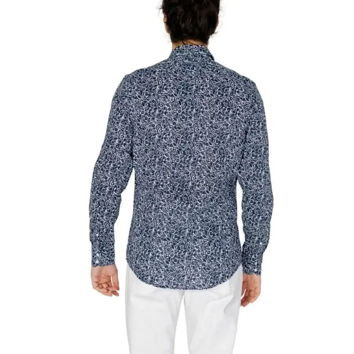 Antony Morato Men’s Shirt - Patterned Blue and White Long-Sleeved Button-Up Worn from Behind