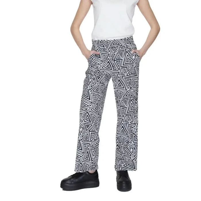 Street One Women Trousers: Geometric black and white patterned wide-leg trousers