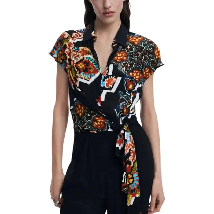 Patterned wrap blouse featured in Desigual Women’s Black Print Short Jumpsuit