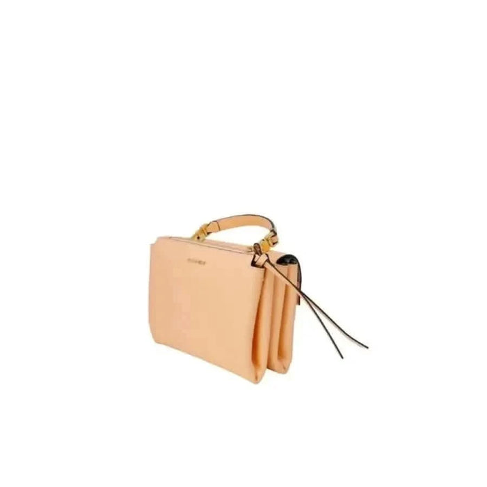 Peach-colored leather handbag with compartments and thin strap by Coccinelle