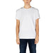 Plain white Moschino Underwear t-shirt paired with dark blue jeans for men