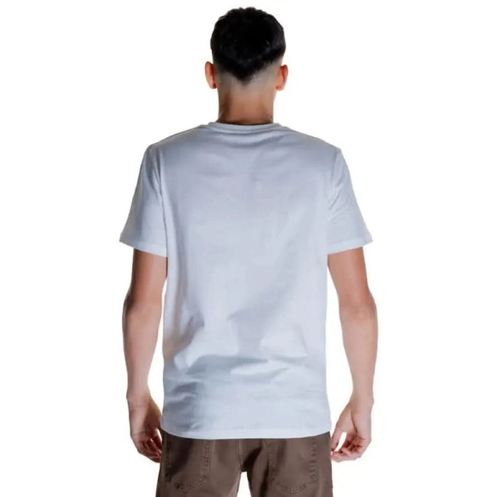 Peuterey Men T-Shirt back view worn by person, showcasing plain white fabric and fit