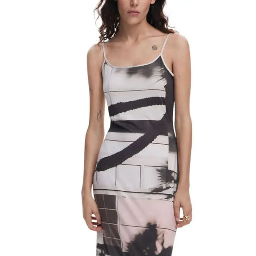 Desigual Geometric Beige Sleeveless Dress for Spring Summer featuring a printed slip design