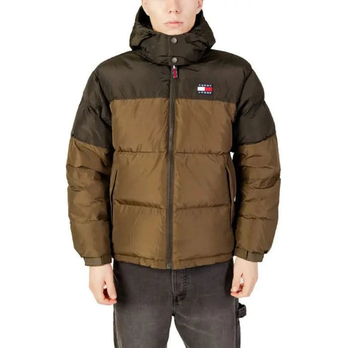 Puffy brown and dark green Tommy Hilfiger jacket with hood and logo patch