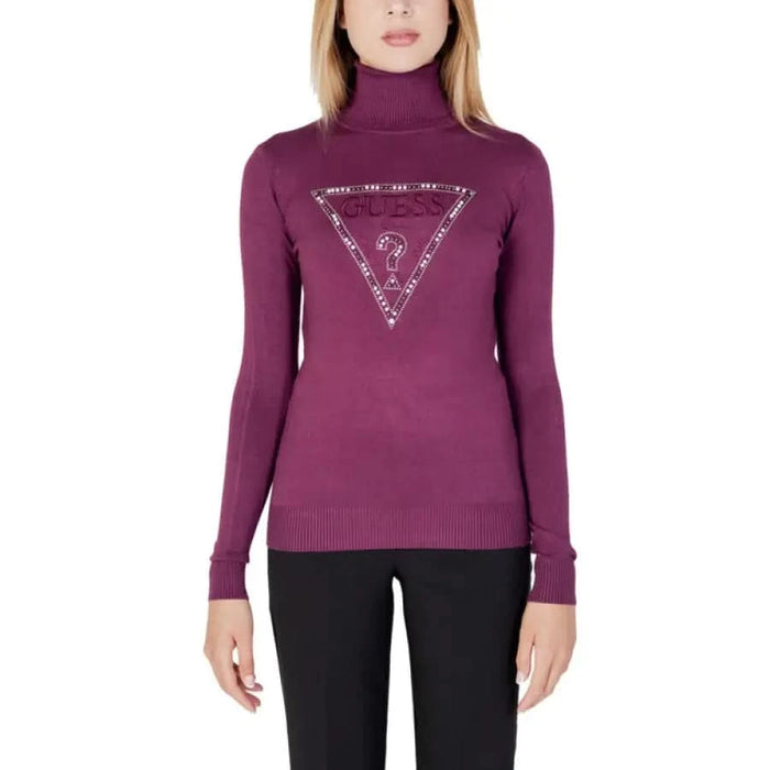 Purple turtleneck sweater with triangular question mark logo from Guess Women Knitwear