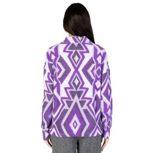 Street One women’s knitwear: Purple and white patterned sweater with geometric designs