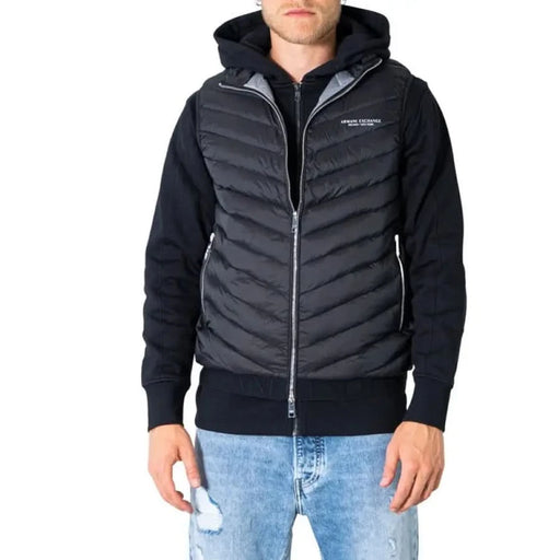 Quilted black hooded jacket with gray chevron pattern by Armani Exchange for men