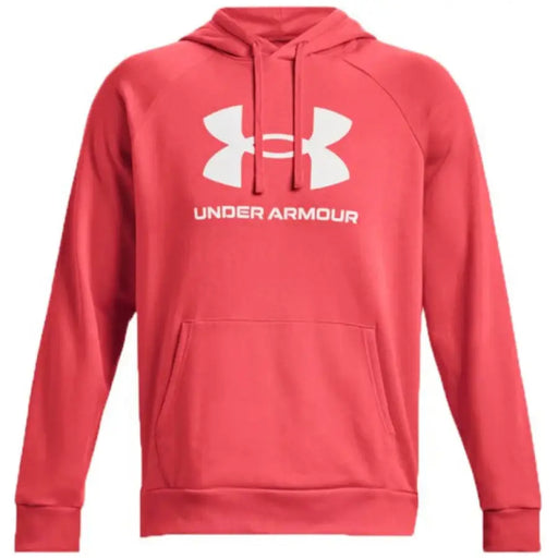 Red Under Armour pullover hoodie featuring white logo for men’s fall/winter collection