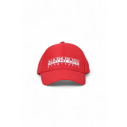 Red Napapijri baseball cap featuring white logo text on the front