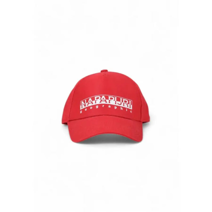 Red Napapijri baseball cap featuring white logo text on the front