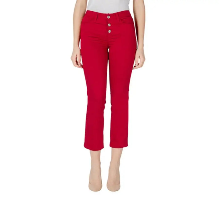Red Button Front Cropped Pants featuring a stylish design and vibrant color