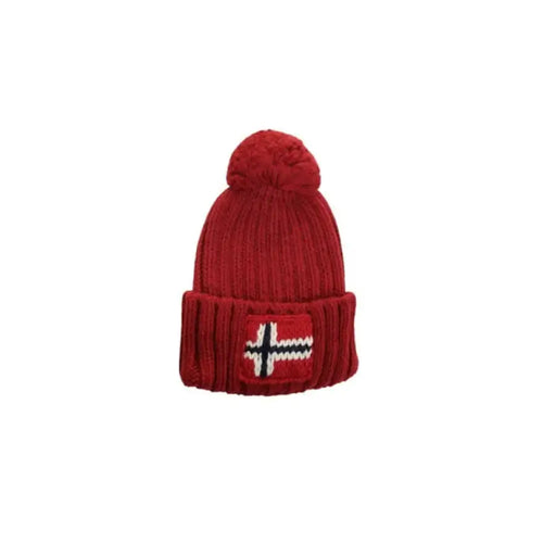 Red knit winter hat with Norwegian flag and pom-pom, Napapijri Men Cap