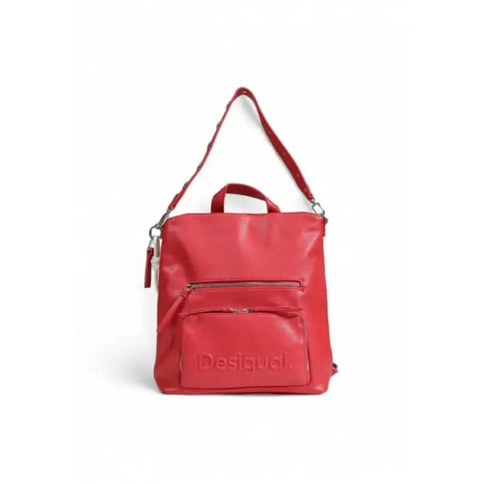 Red leather Desigual women bag featuring zippered compartments and adjustable straps