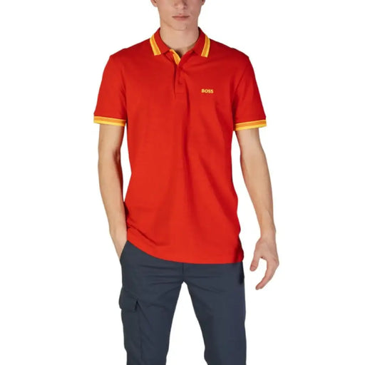 Red Boss Men’s Cotton Polo Shirt with Yellow Trim and Collar Accents