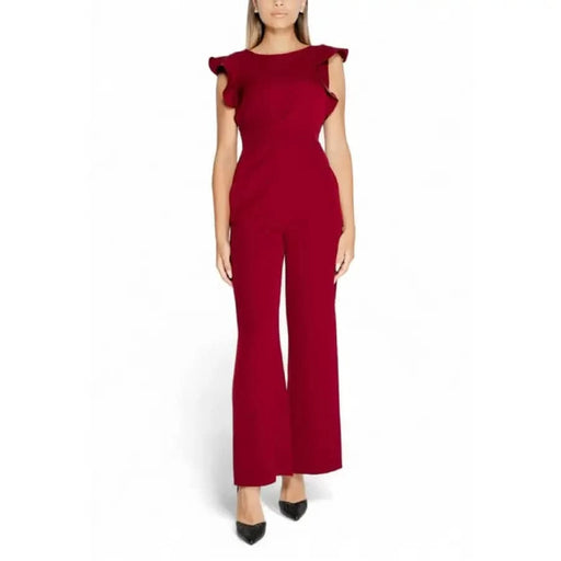 Red Ruffle-Sleeved Rinascimento Bordeaux Sleeveless Jumpsuit with Zip displayed elegantly