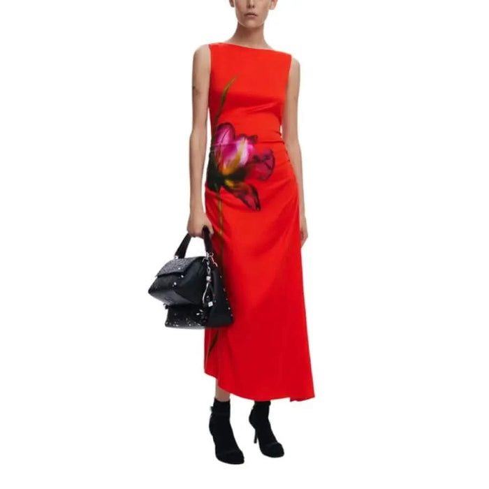 Red sleeveless floral dress from Desigual featuring a boat neck design