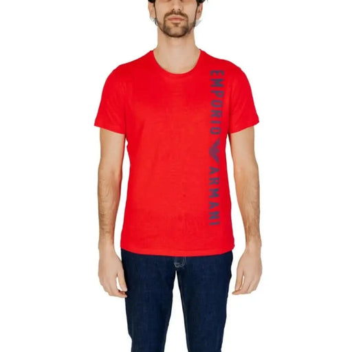 Emporio Armani Men T-Shirt featuring a red color and vertical Emporio Armani text on the side