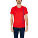 Emporio Armani Men T-Shirt featuring a red color and vertical Emporio Armani text on the side