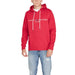 Red Tommy Hilfiger hoodie with white logo text available in Tommy Hilfiger Men Sweatshirts