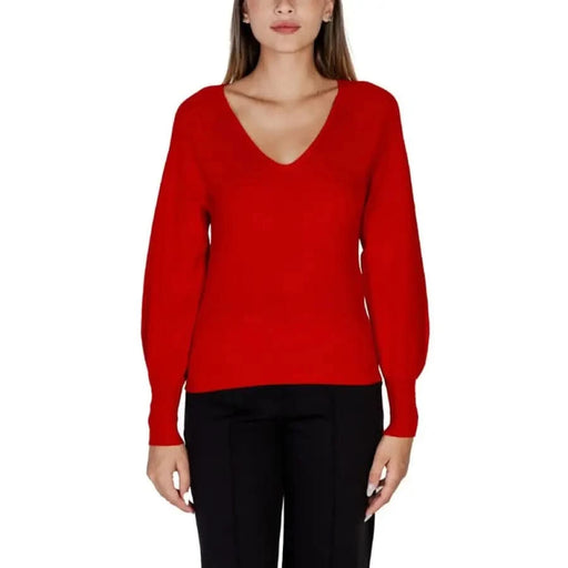 Red v-neck sweater with long sleeves from Morgan De Toi Women Knitwear collection