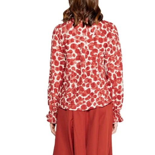 Red and white patterned long sleeve blouse with ruffled collar by Vero Moda