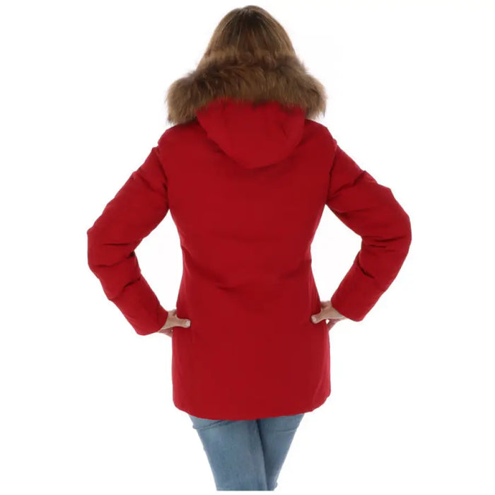 Red winter coat with fur-trimmed hood in Breras Women Jacket collection