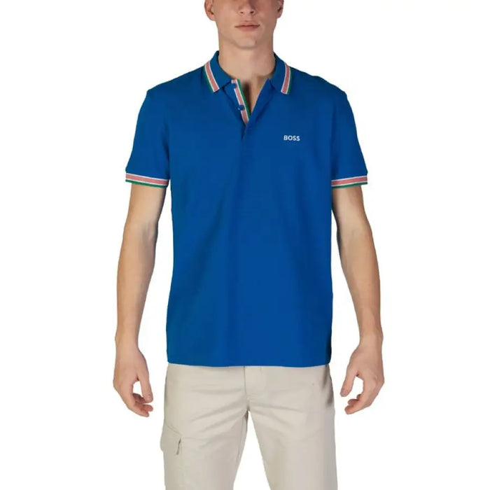 Royal blue polo shirt with striped collar trim featuring Boss branding in 100% cotton