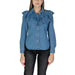 Ruffled long sleeve denim button-up shirt for women, ideal for fall and winter