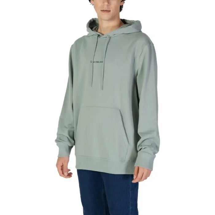 Sage green cotton hoodie sweatshirt with front pocket by Calvin Klein for men