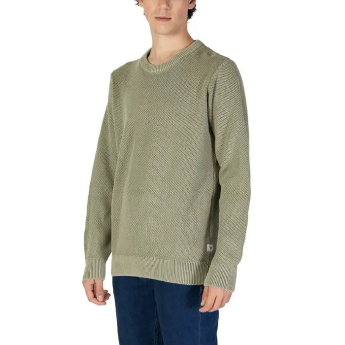 Sage green knit sweater with crew neckline and ribbed trim by Gas for men