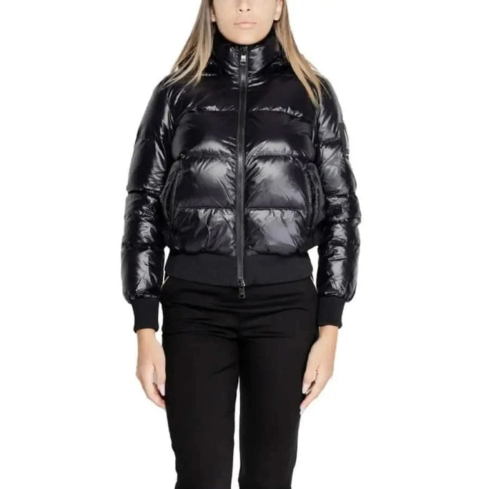 Shiny black puffer jacket with high collar and zipper closure by Armani Exchange