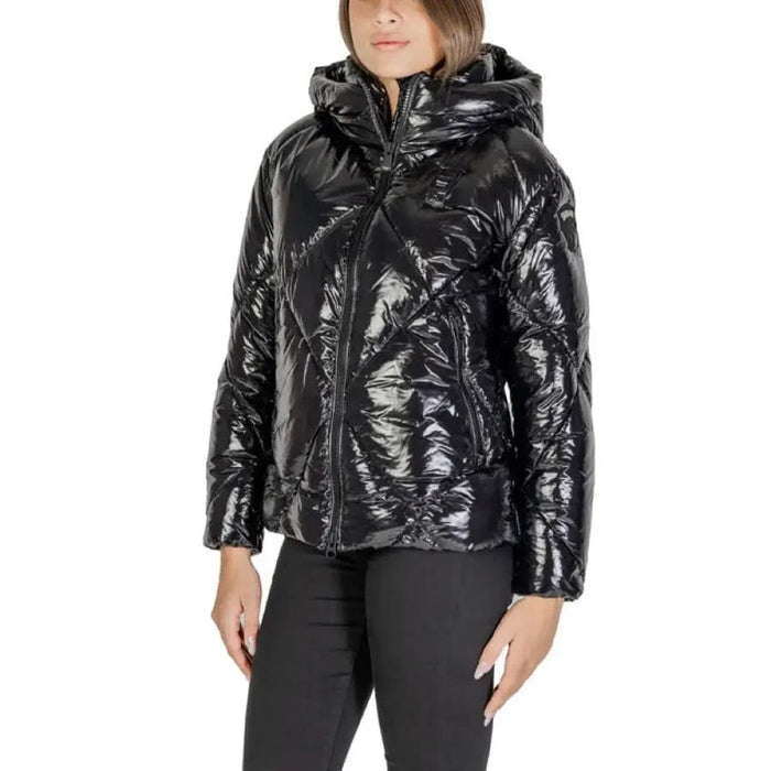 Shiny black puffer jacket with hood and front zipper from Blauer Women Jacket collection