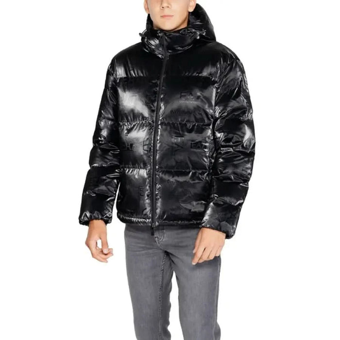 Shiny black puffer jacket with hood and zip front from Ea7 Men Jacket collection