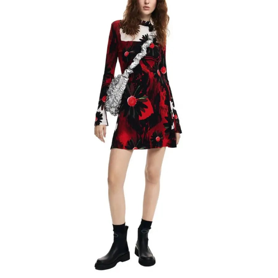 Desigual Women’s short red and black floral print dress with long sleeves and white panel