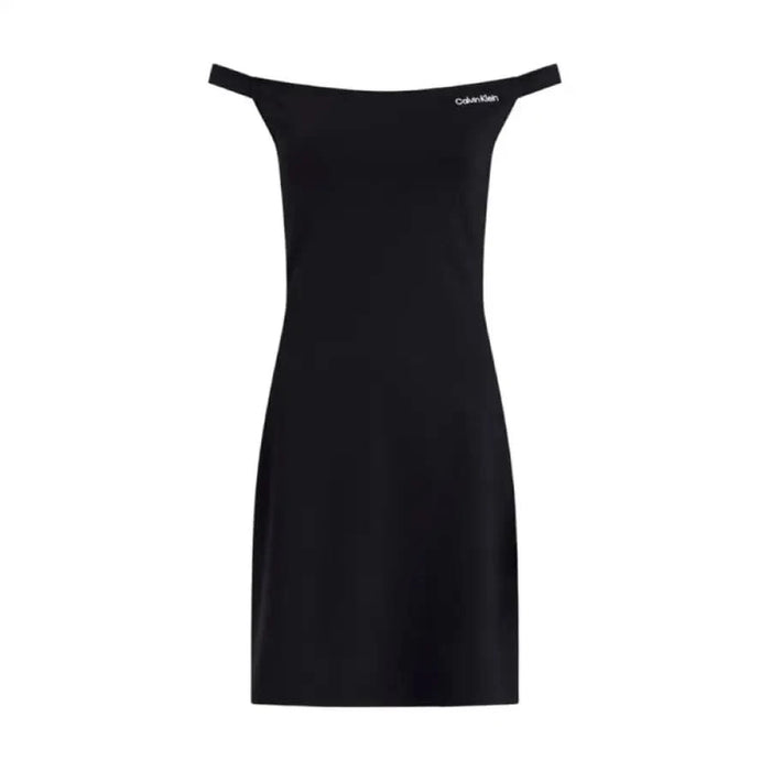 Calvin Klein Black Sleeveless Off-the-Shoulder Boat Neck Dress showcased elegantly