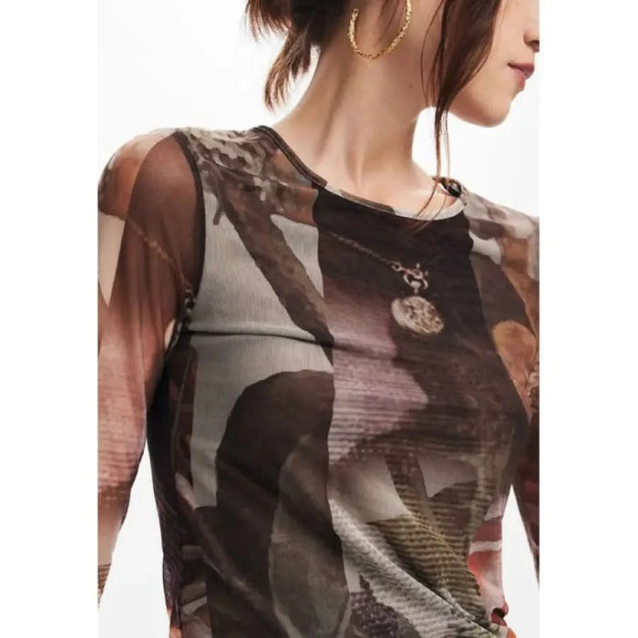 Sleeveless Desigual Women T-Shirt featuring a camouflage pattern and sheer fabric