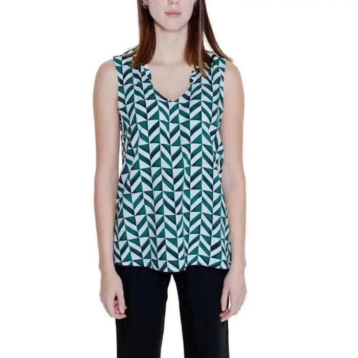 Street One Women’s Sleeveless Top with Teal and White Geometric Pattern