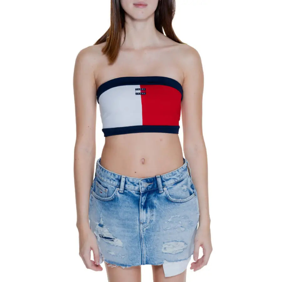 Tommy Hilfiger strapless crop top with red, white, navy blocks and denim mini skirt