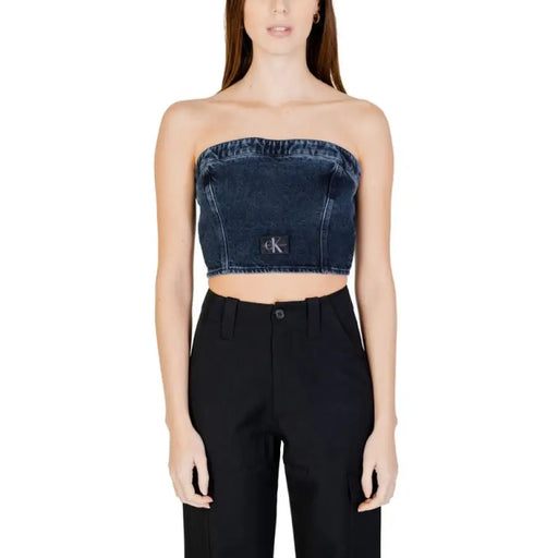 Strapless denim crop top with frayed edges from Calvin Klein Jeans Women collection