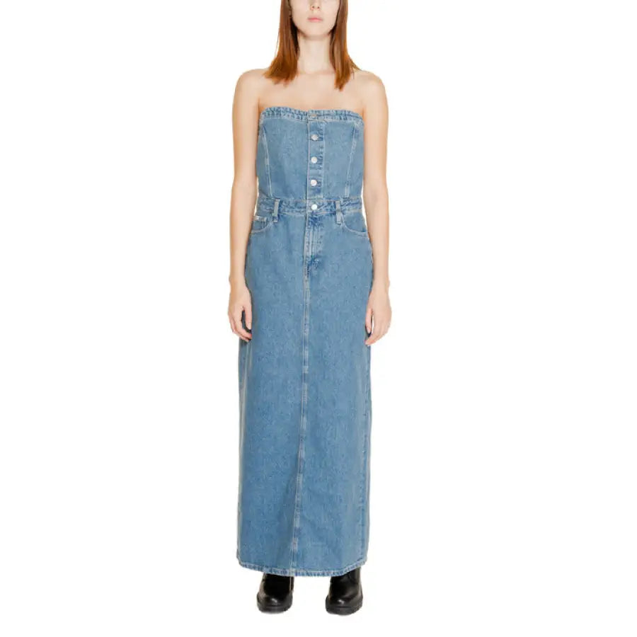 Strapless denim maxi dress with button-front detail by Calvin Klein Jeans for women