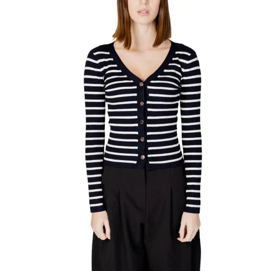 Morgan De Toi women’s striped navy and white long-sleeve button-up cardigan sweater