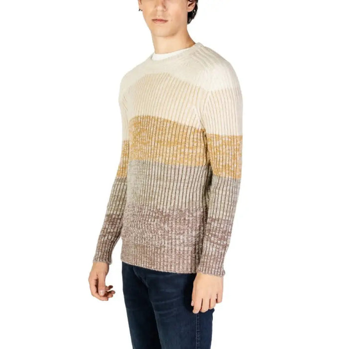 Striped ribbed sweater in cream, tan, and gray from Hydra Clothing for men